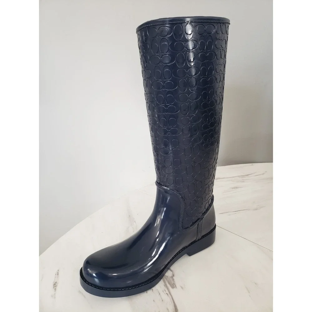 NEW‎ SZ 7 Coach Tudor Rainboots in NAVY BLUE Womens Signature Embossed TALL